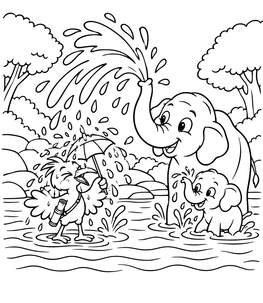 Elephant Bath Time: An elephant sprays water over Nilobi and his tiny umbrella.
