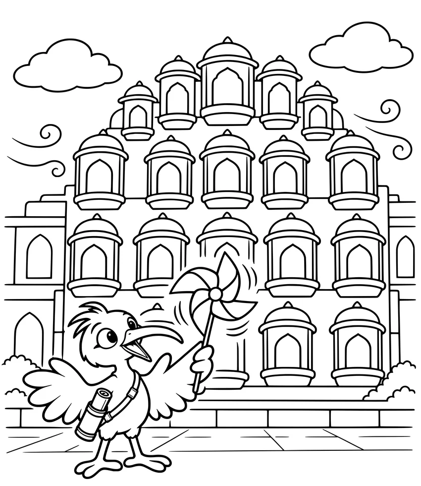 Hawa Mahal, Jaipur: Nilobi holds a spinning pinwheel in front of the Palace of Winds.