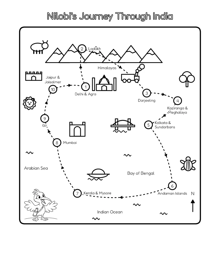 Nilobi's Journey Map: Nilobi's trip around India, from the snowy mountains in the north to the islands in the sea.