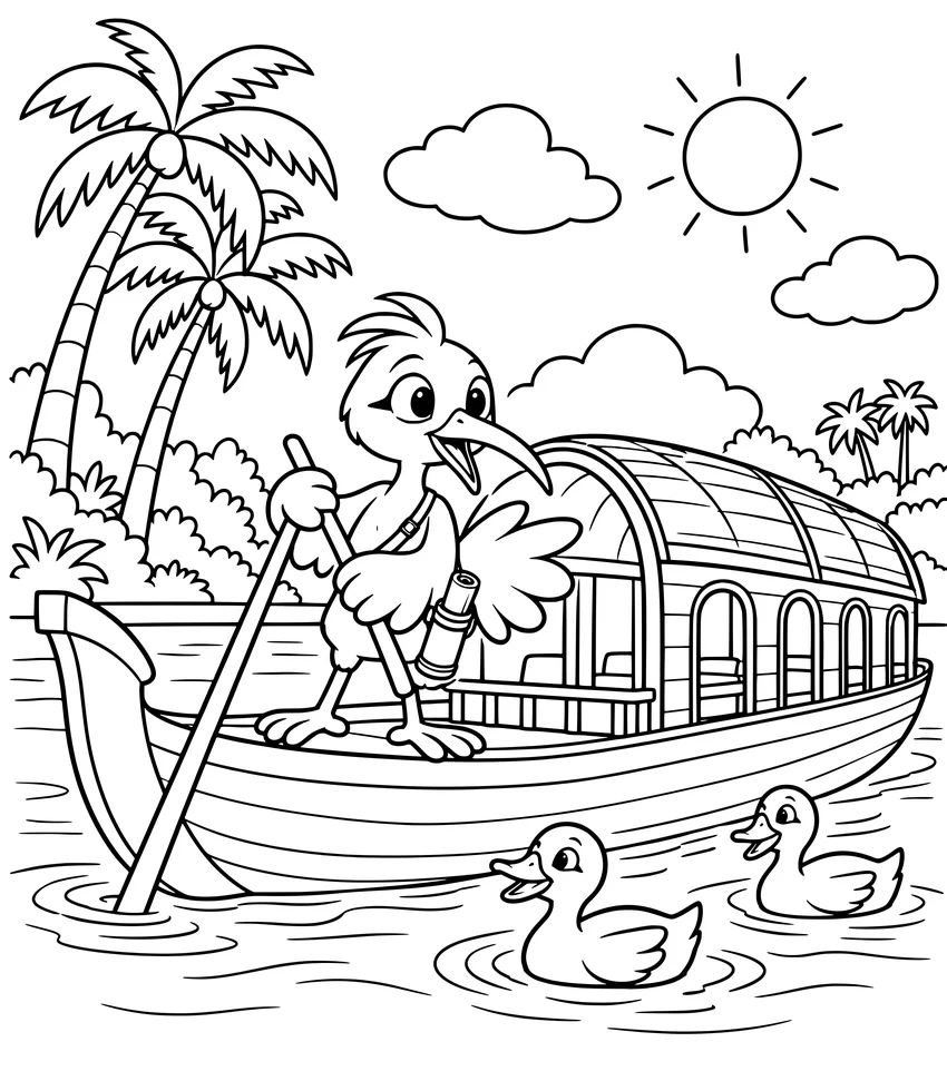 Kerala Backwaters: Nilobi steers a houseboat on the calm backwaters, with ducks swimming alongside.