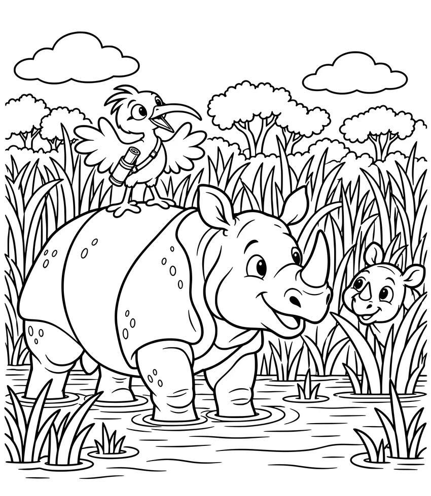 One-Horned Rhino, Kaziranga: Nilobi rides on the back of a friendly one-horned rhino in tall grass.