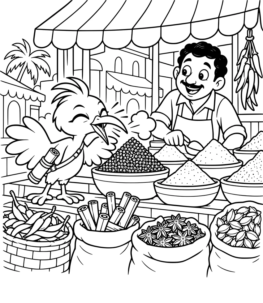 Spice Market: Nilobi sniffs the pepper at a spice stall and lets out a giant sneeze.