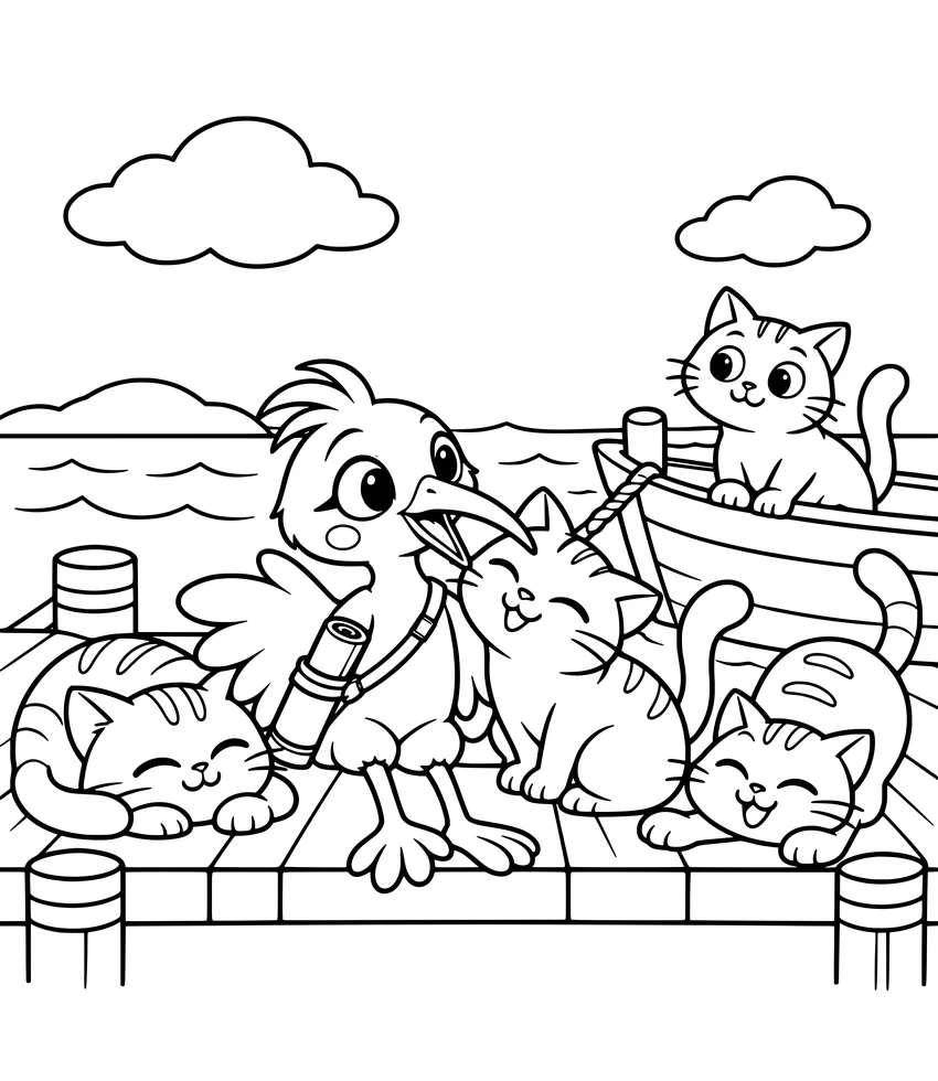 Cat Island: Nilobi relaxes on a dock surrounded by friendly cats.