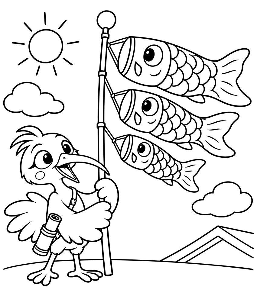 Children's Day: Nilobi holds a pole with colorful carp streamers flying in the wind.