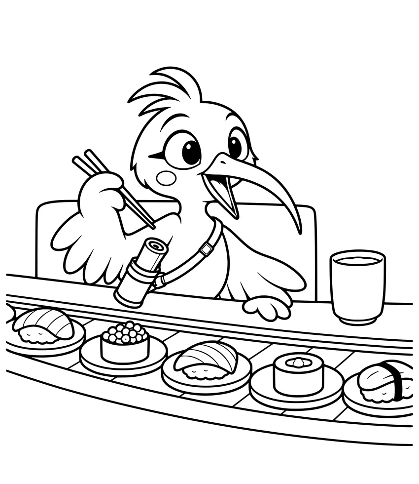Conveyor-Belt Sushi: Nilobi waits for plates of sushi riding past on a moving belt.