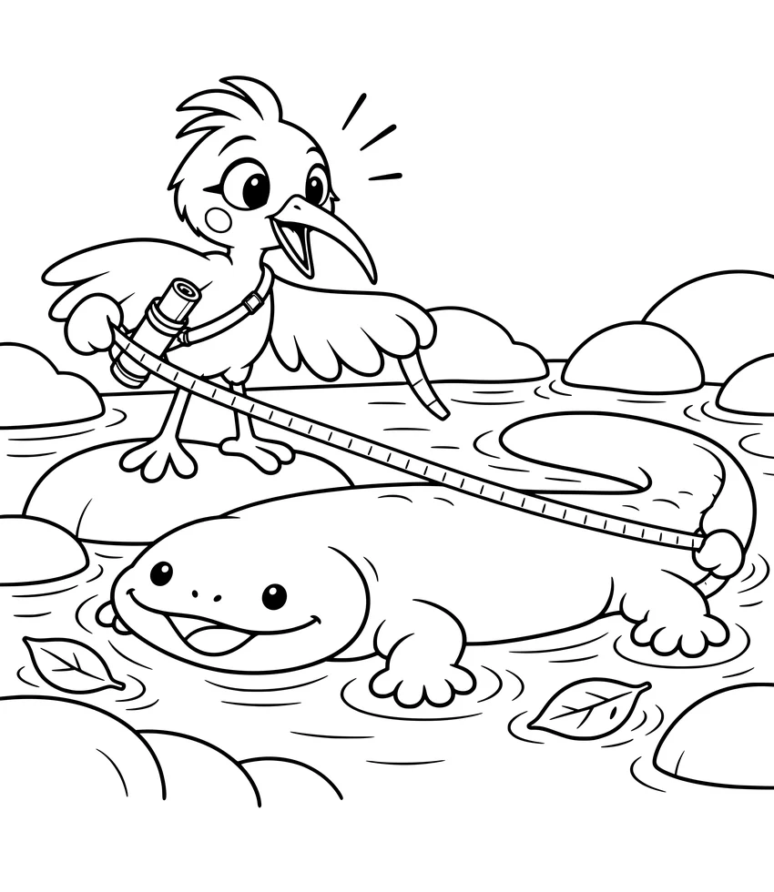 Giant Salamander: Nilobi measures a giant salamander resting in a mountain stream.
