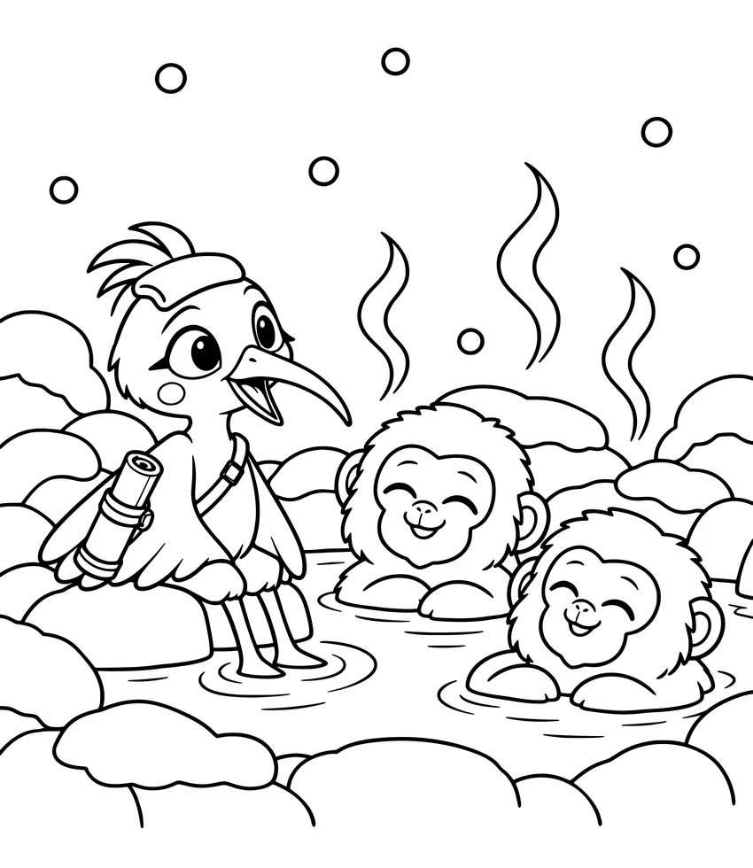 Snow Monkeys: Nilobi warms his feet in a hot spring next to two snow monkeys.
