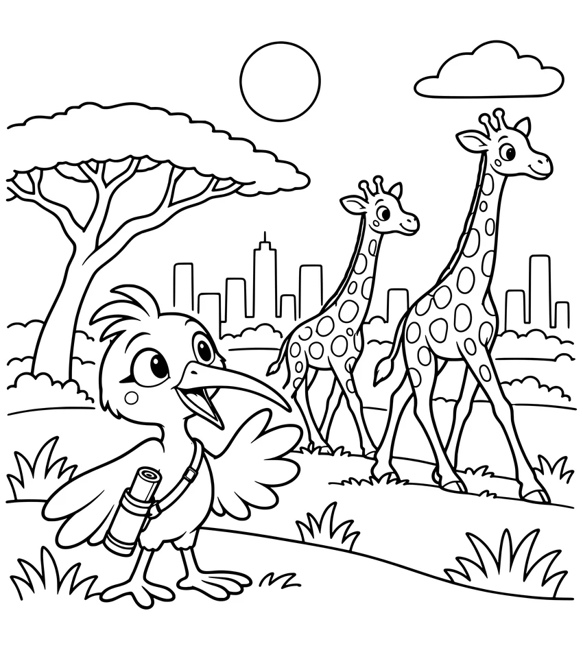 Nairobi National Park: Nilobi watches giraffes walk across the grass, with the tall buildings of Nairobi behind them.